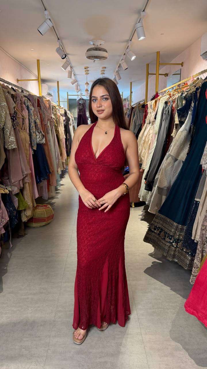 Wine Red Halter Neck Lace Mermaid Evening Gown