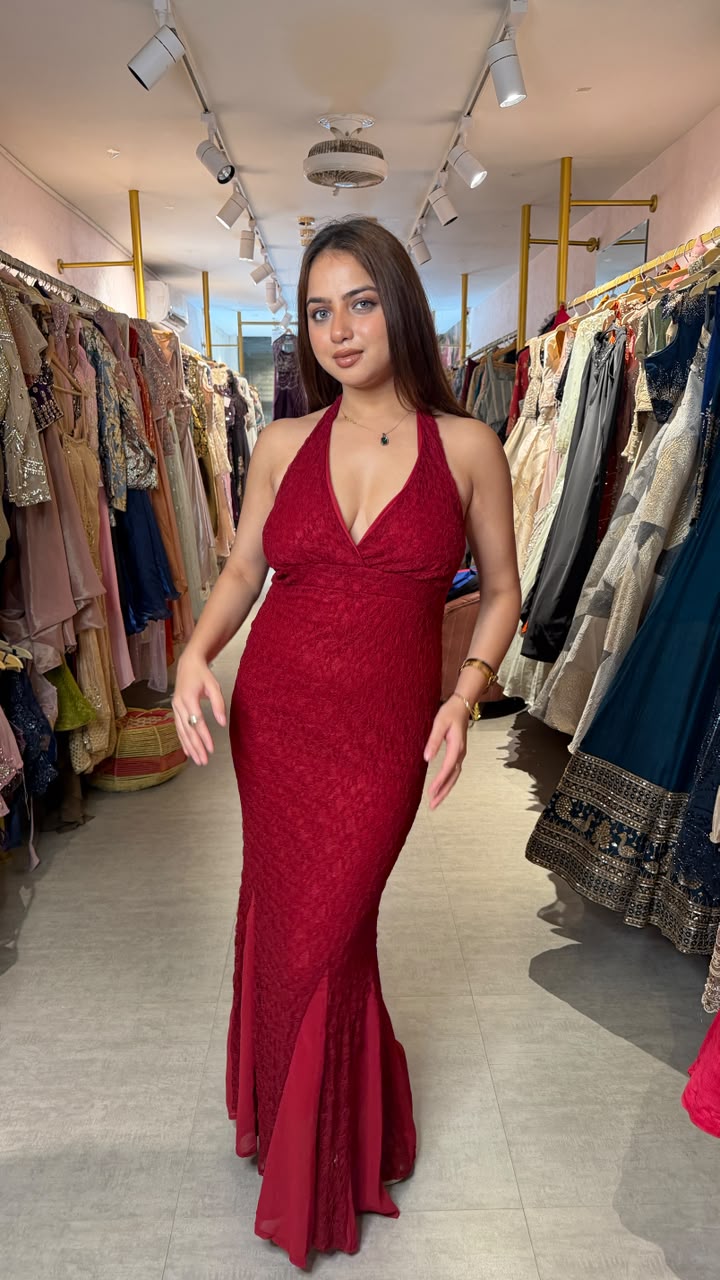 Wine Red Halter Neck Lace Mermaid Evening Gown