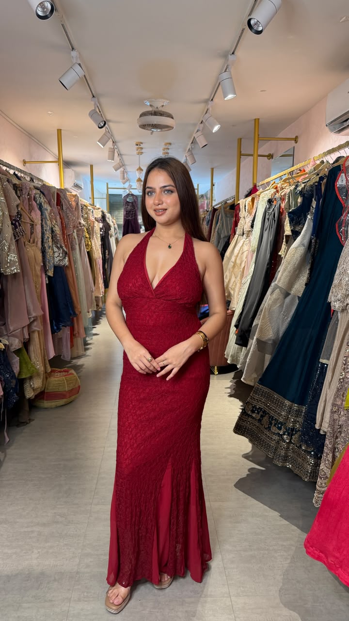 Wine Red Halter Neck Lace Mermaid Evening Gown