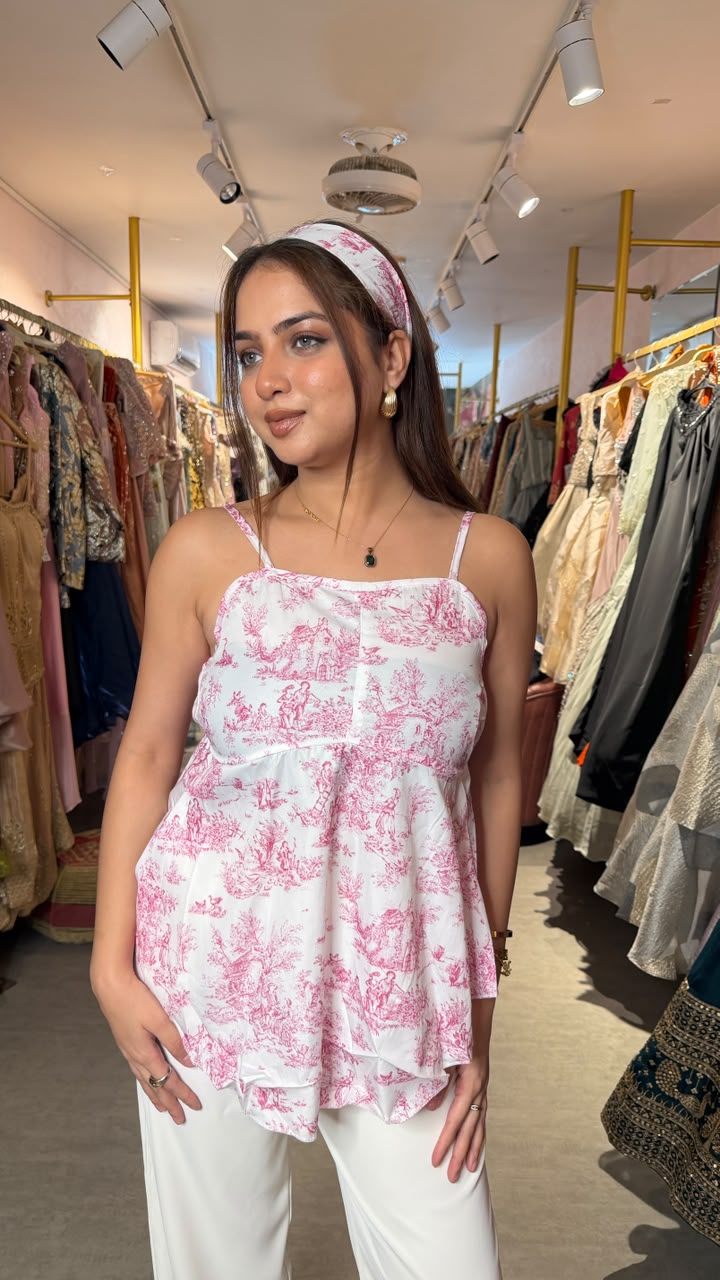 Toile Print Strappy Babydoll Handkerchief Top