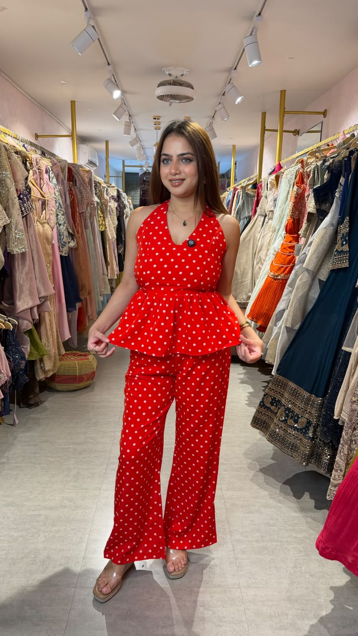 Polka Dot Halter Neck Peplum Co-ord Set