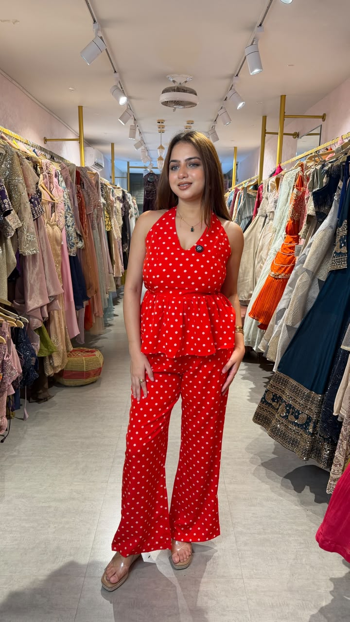 Polka Dot Halter Neck Peplum Co-ord Set