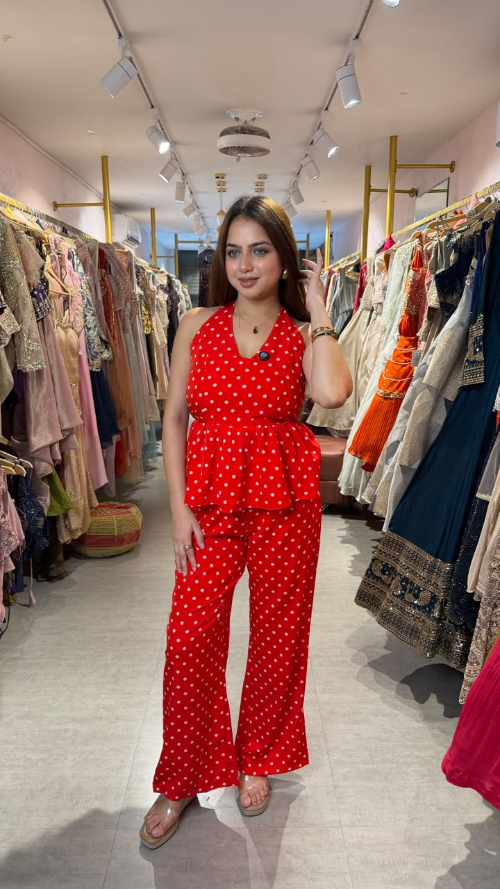 Polka Dot Halter Neck Peplum Co-ord Set