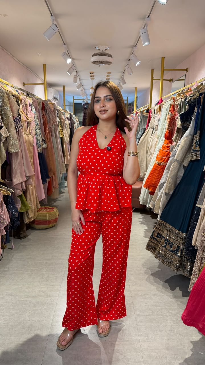 Polka Dot Halter Neck Peplum Co-ord Set