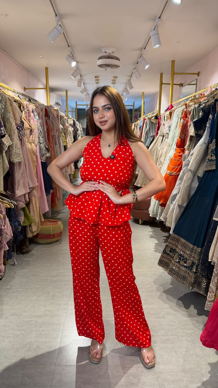 Polka Dot Halter Neck Peplum Co-ord Set