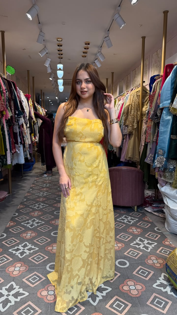 Yellow Floral Jacquard Strapless Maxi Dress