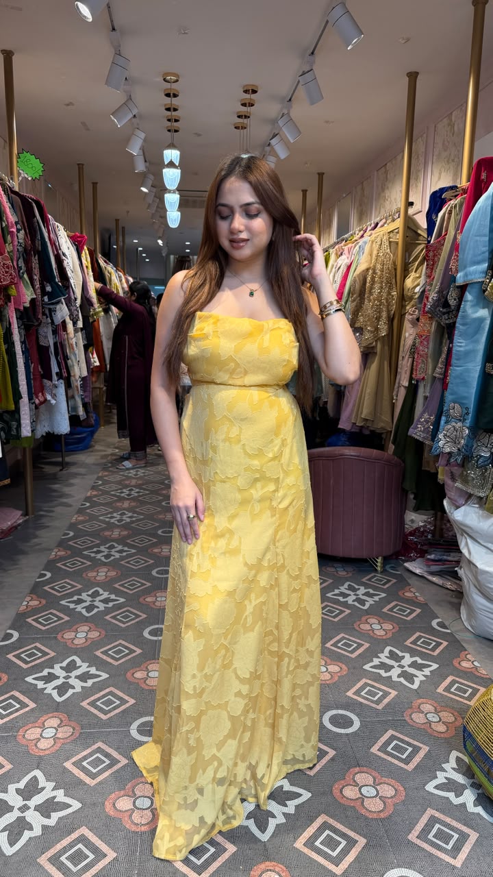 Yellow Floral Jacquard Strapless Maxi Dress