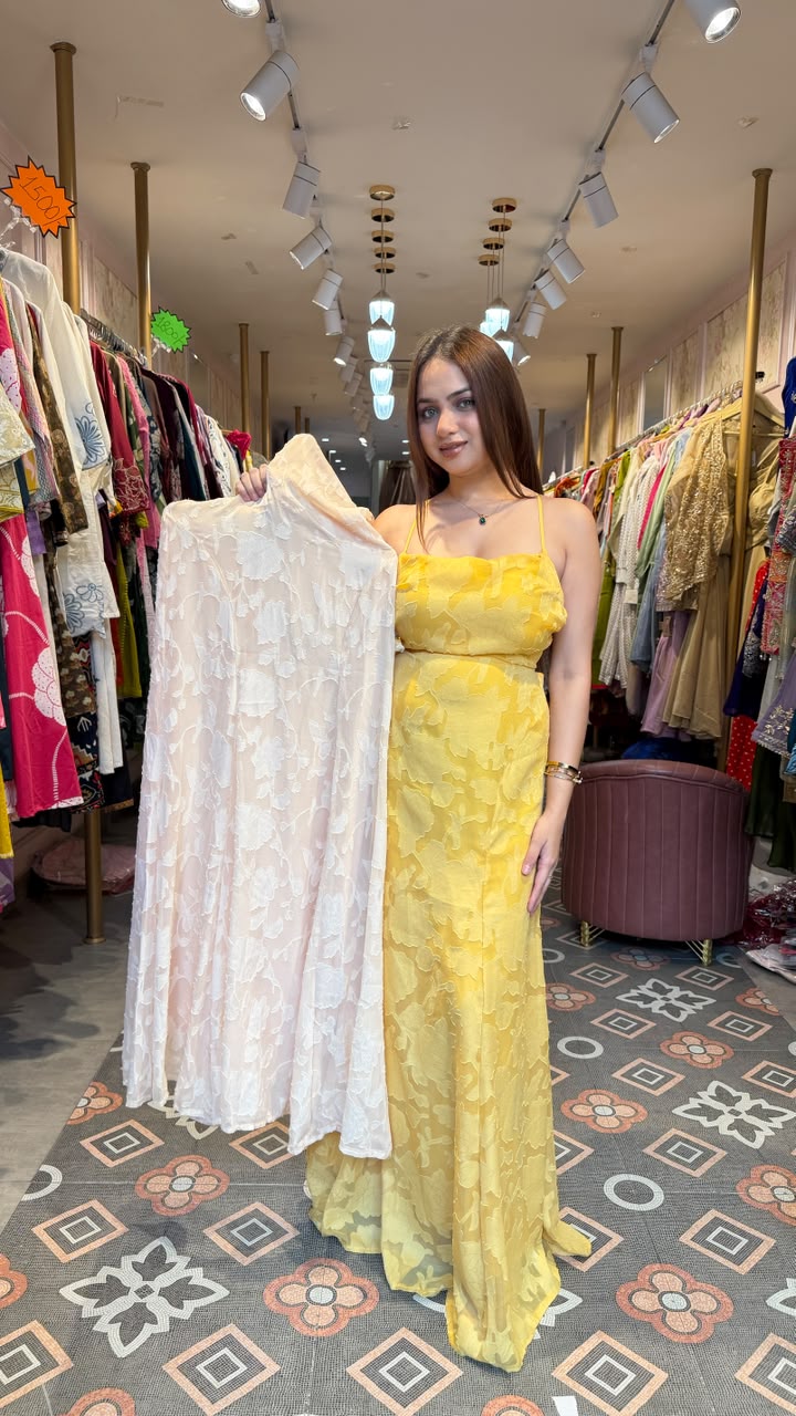 Yellow Floral Jacquard Strapless Maxi Dress