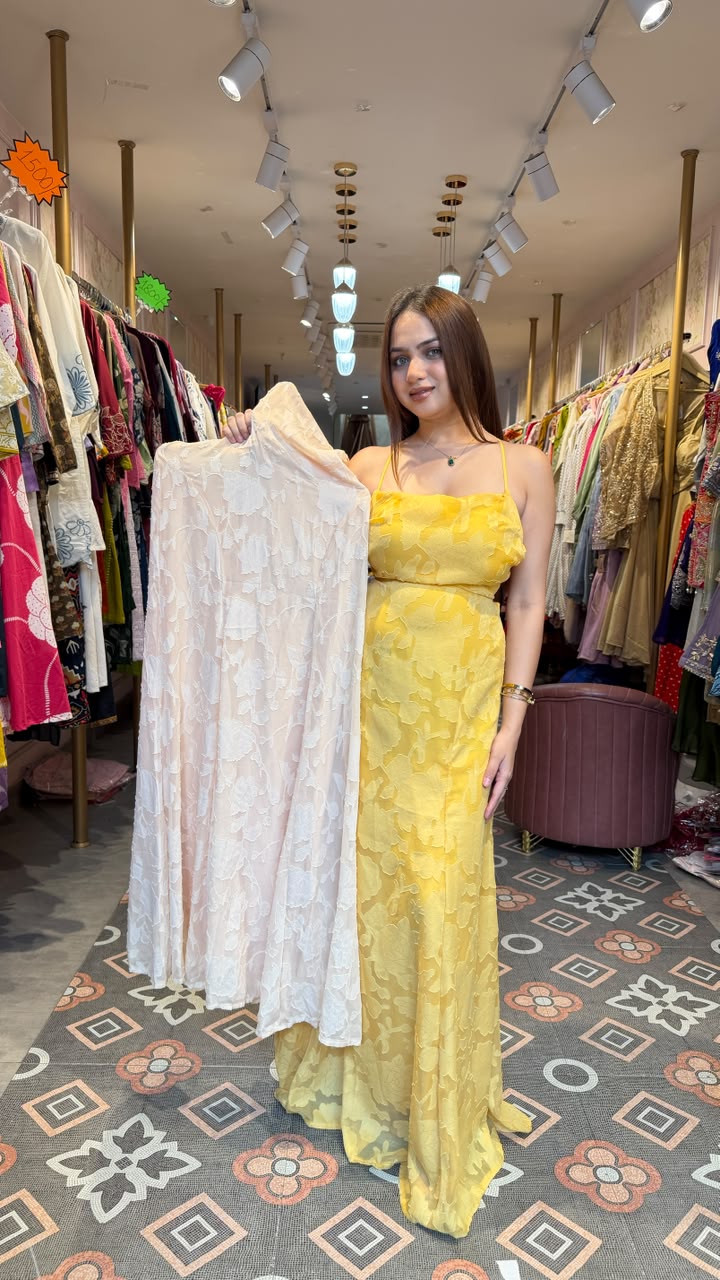 Yellow Floral Jacquard Strapless Maxi Dress