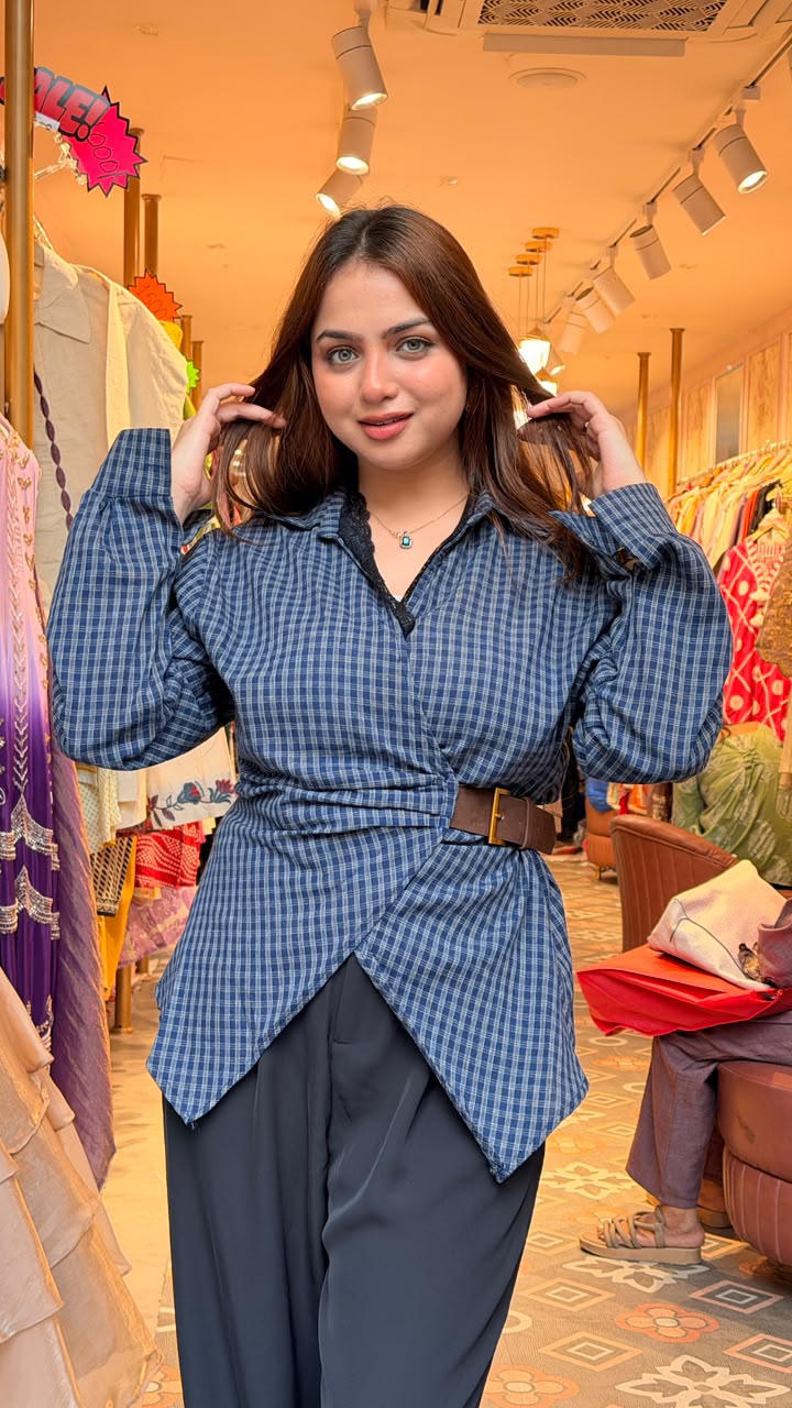 Checkered Wrap-Style Shirt Tunic