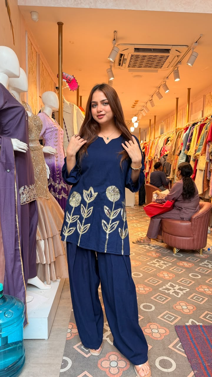 Embroidered A-Line Tunic Co-ord Set with Palazzo Pants