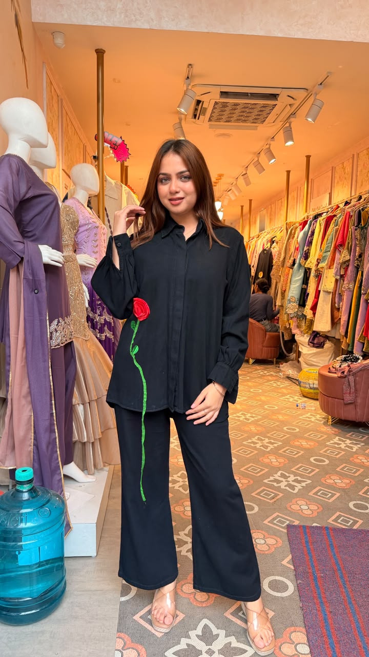 Black Floral Embroidered Shirt Co-ord Set