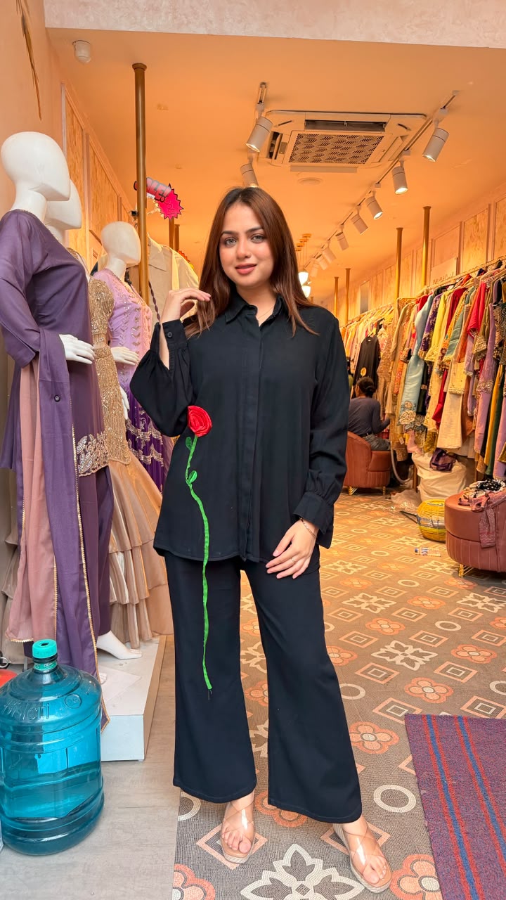 Black Floral Embroidered Shirt Co-ord Set