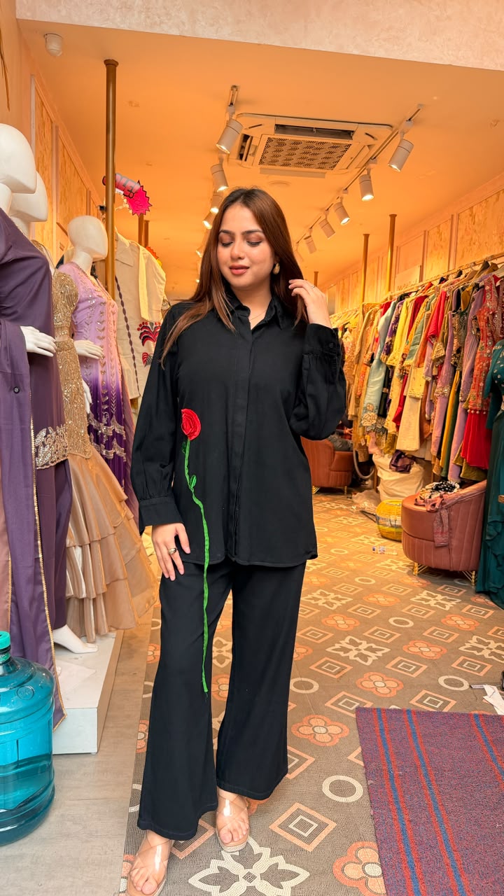 Black Floral Embroidered Shirt Co-ord Set