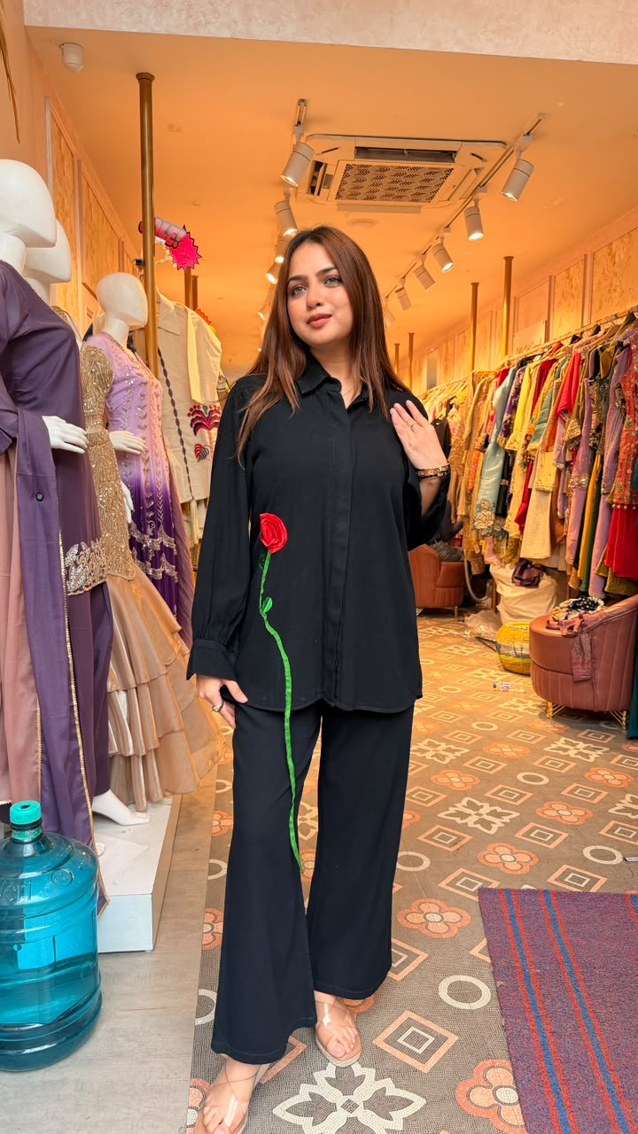 Black Floral Embroidered Shirt Co-ord Set