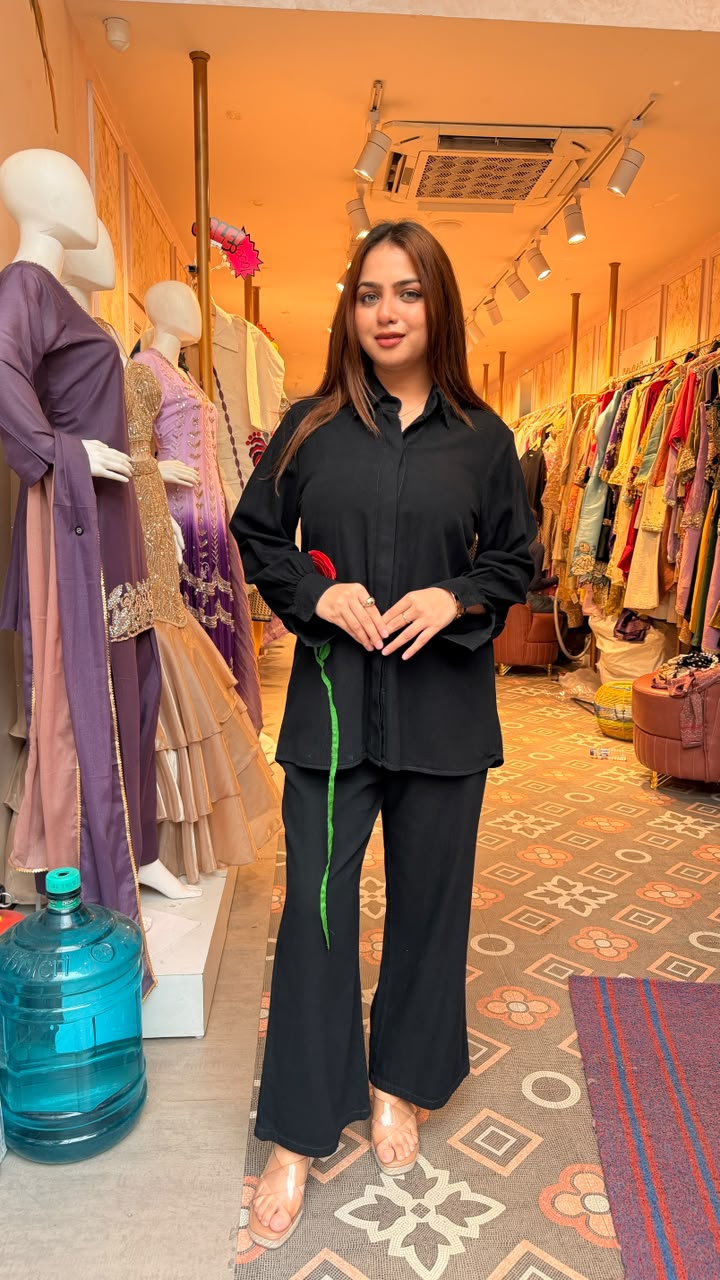 Black Floral Embroidered Shirt Co-ord Set