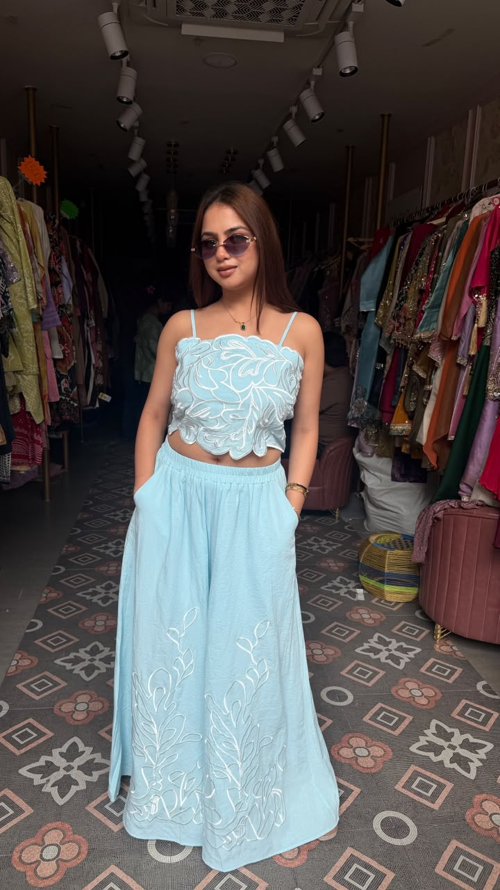Thread Embroidered Crop Top Palazzo Co-ord Set