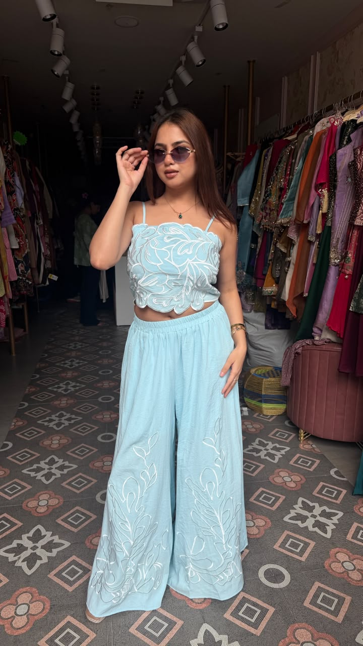 Thread Embroidered Crop Top Palazzo Co-ord Set
