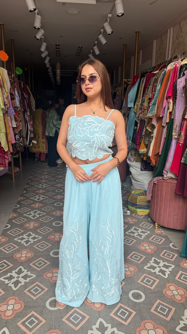 Thread Embroidered Crop Top Palazzo Co-ord Set
