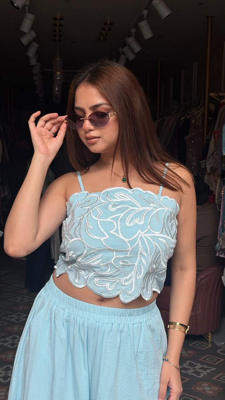 Thread Embroidered Crop Top Palazzo Co-ord Set