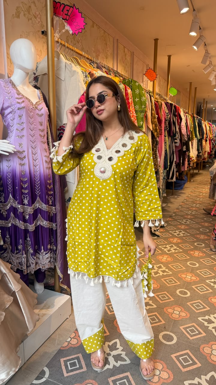 White Polka Dot Kurta Pant Set with Tassels
