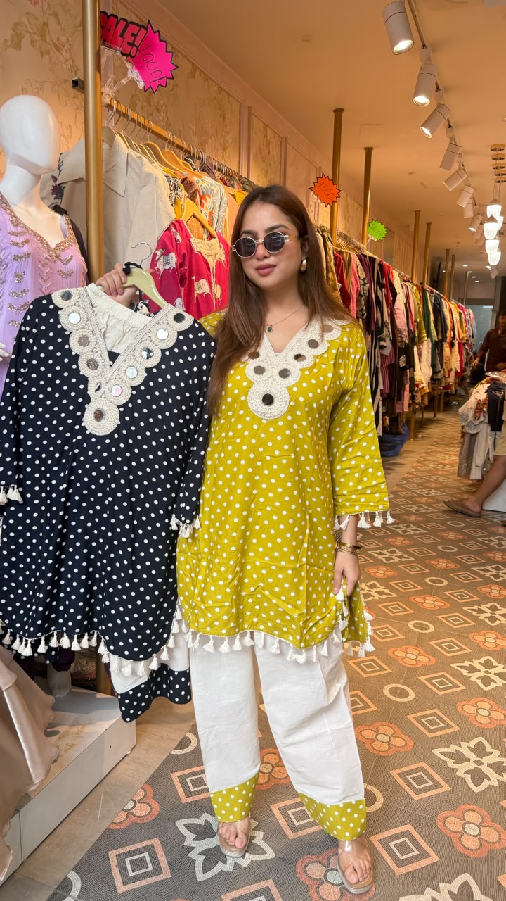 White Polka Dot Kurta Pant Set with Tassels