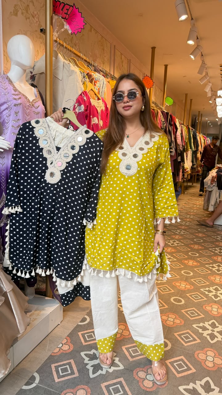 White Polka Dot Kurta Pant Set with Tassels
