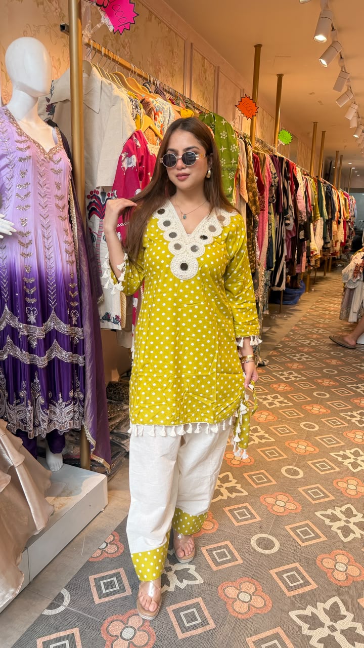 White Polka Dot Kurta Pant Set with Tassels