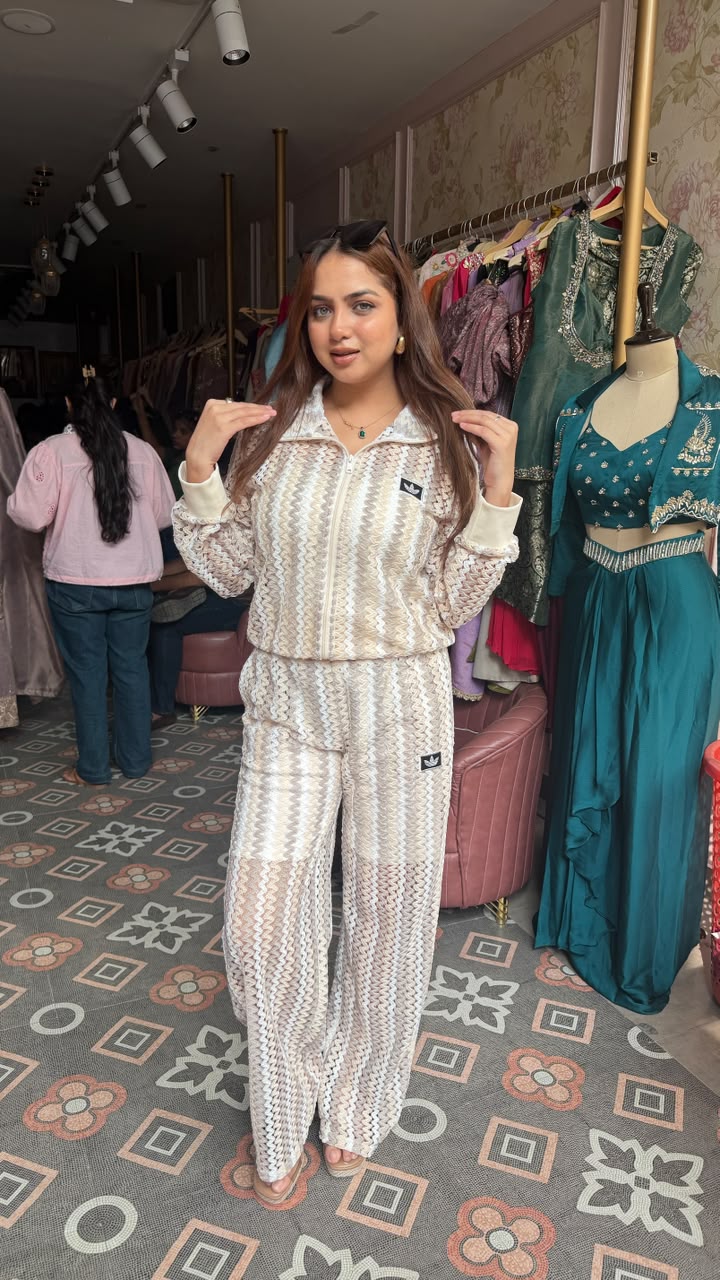 Crochet Knit Zip-Up Co-ord Set