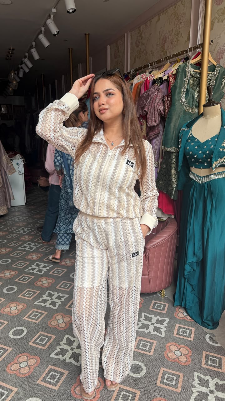 Crochet Knit Zip-Up Co-ord Set