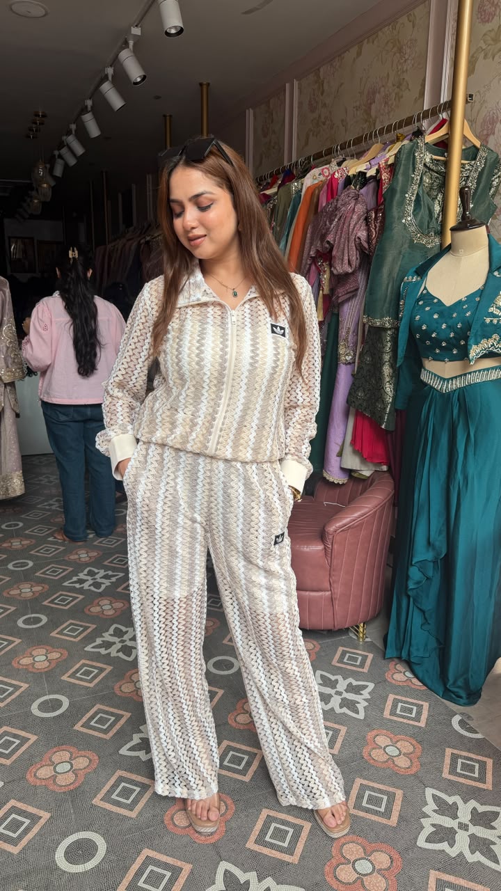 Crochet Knit Zip-Up Co-ord Set