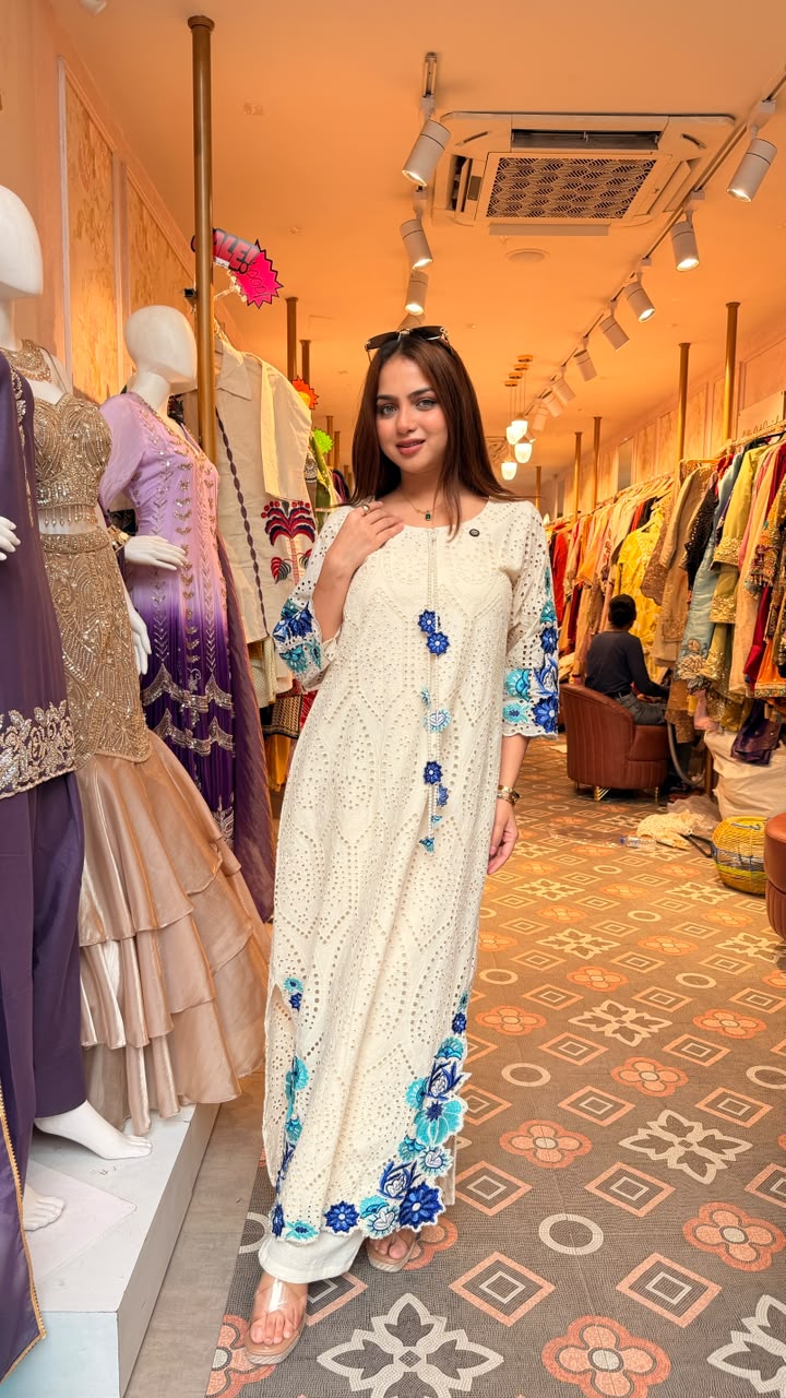Schiffli Embroidered Straight Kurta Set