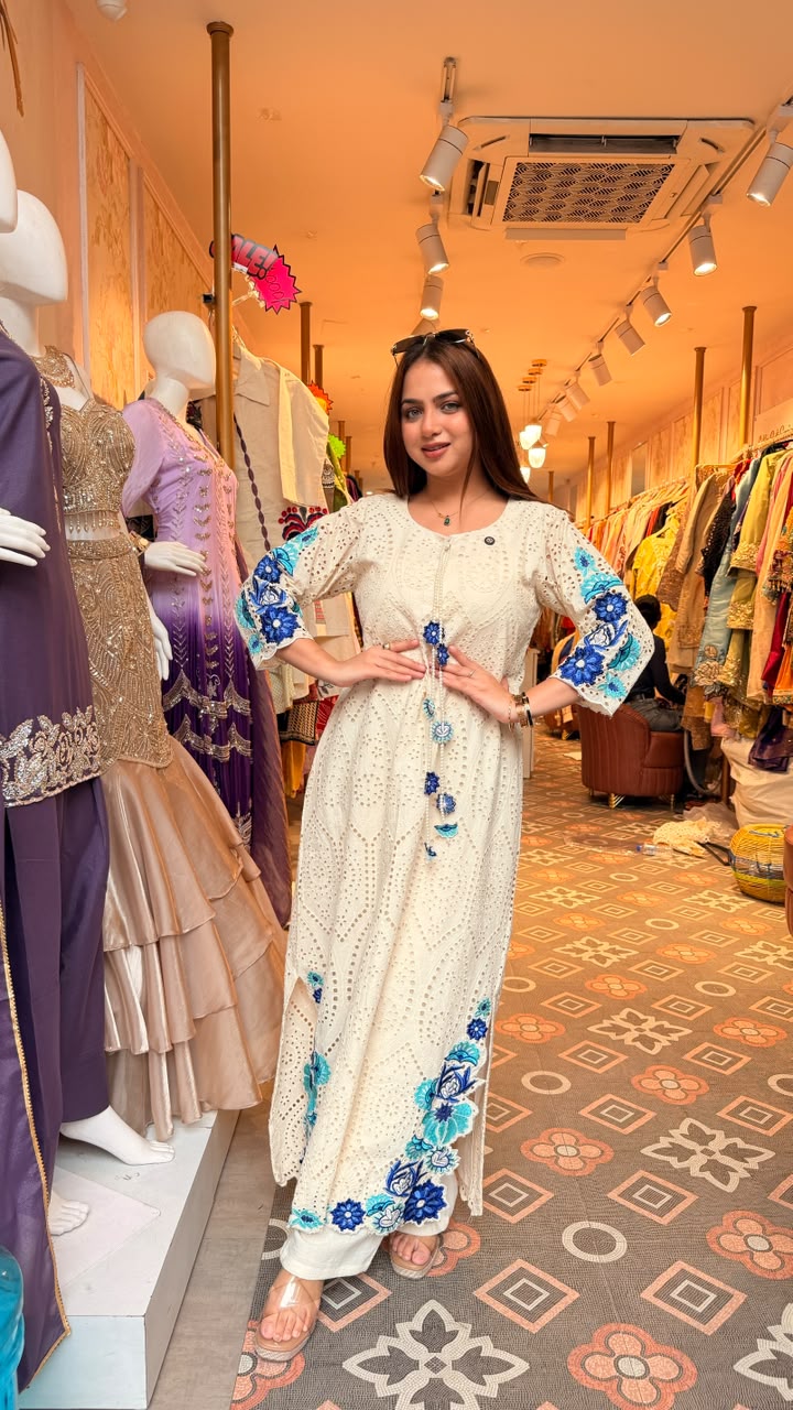 Schiffli Embroidered Straight Kurta Set