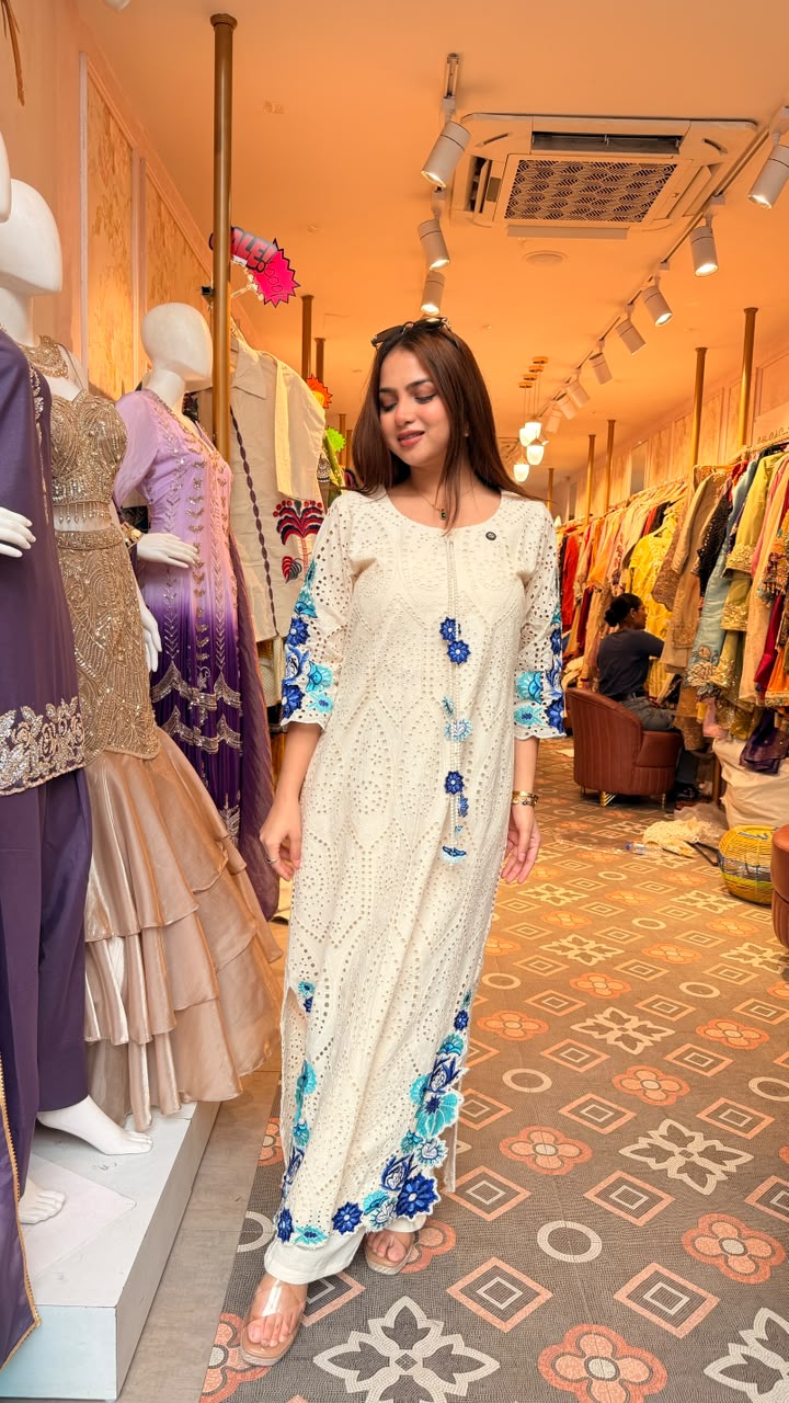 Schiffli Embroidered Straight Kurta Set