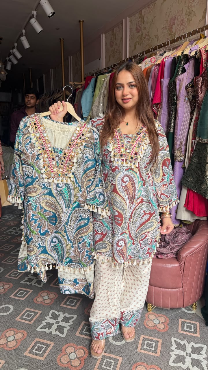 Boho Paisley Printed Short Kurti with Afghani