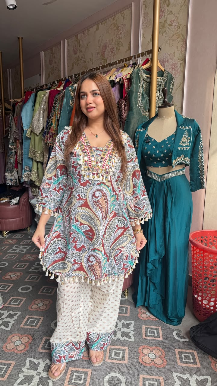 Boho Paisley Printed Short Kurti with Afghani