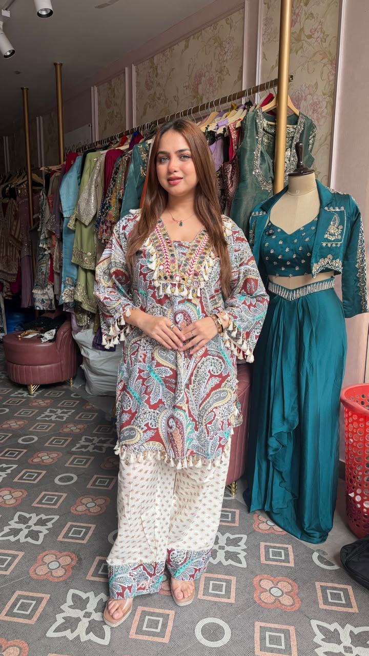 Boho Paisley Printed Short Kurti with Afghani