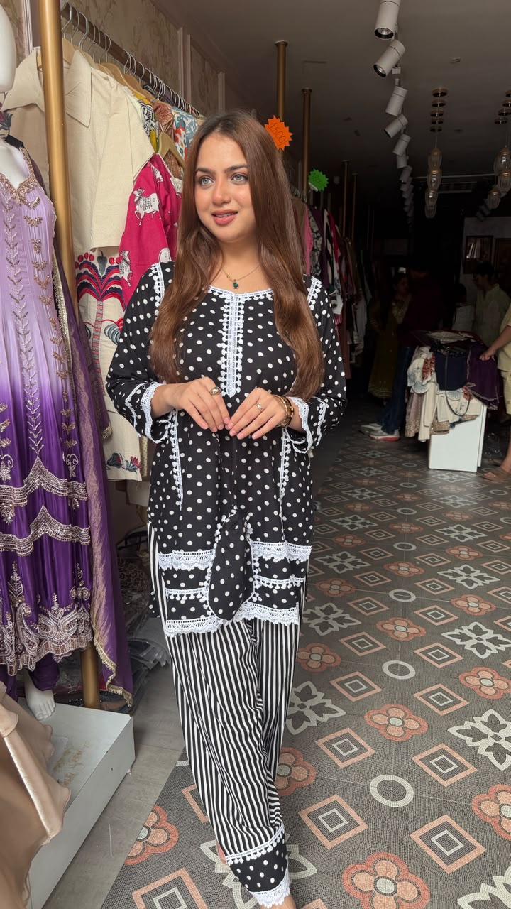 Polka Dot Short Kurti with Striped Palazzo Set