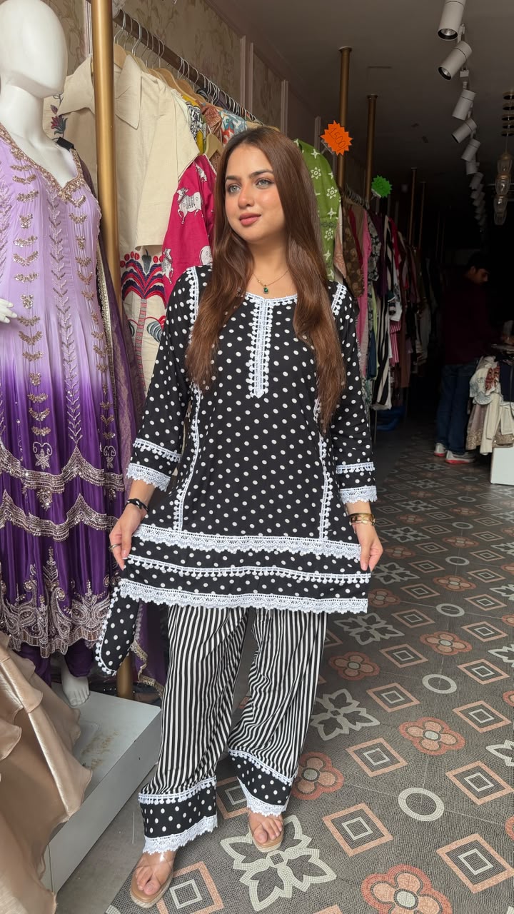 Polka Dot Short Kurti with Striped Palazzo Set