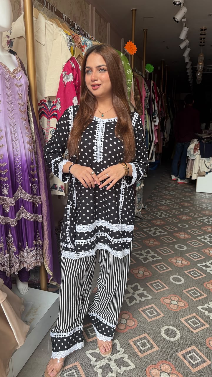 Polka Dot Short Kurti with Striped Palazzo Set