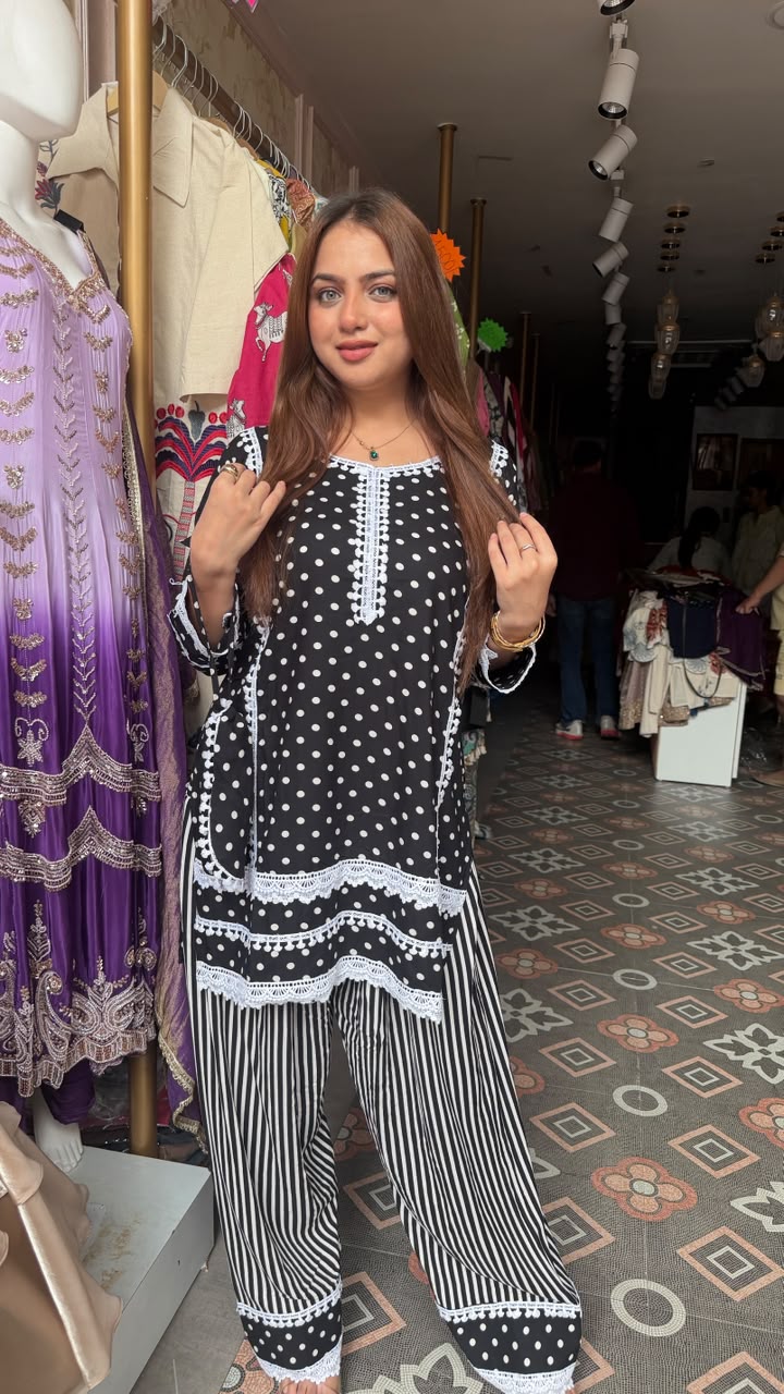 Polka Dot Short Kurti with Striped Palazzo Set