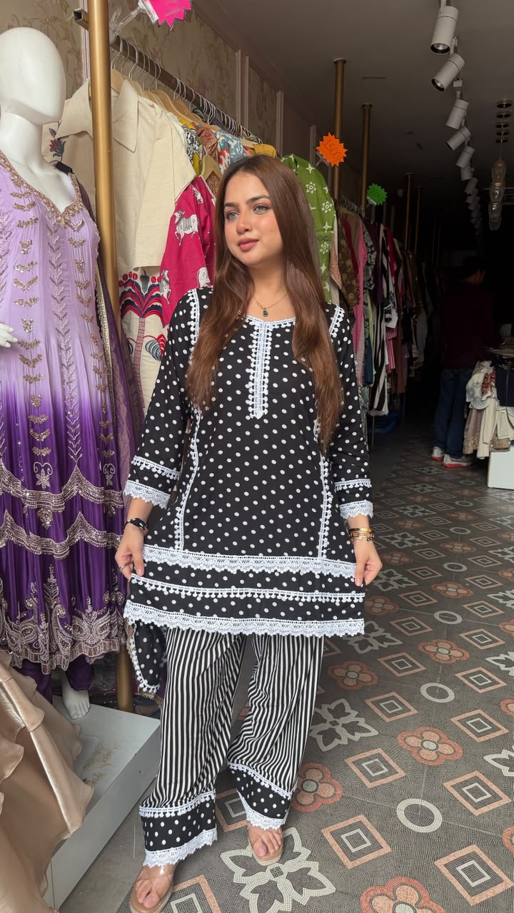 Polka Dot Short Kurti with Striped Palazzo Set