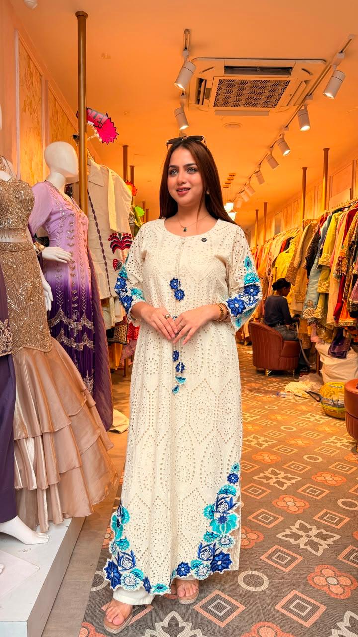 Schiffli Embroidered Straight Kurta Set