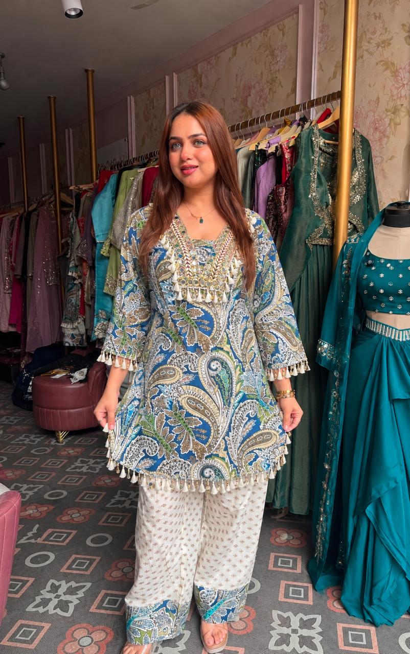 Boho Paisley Printed Short Kurti with Afghani