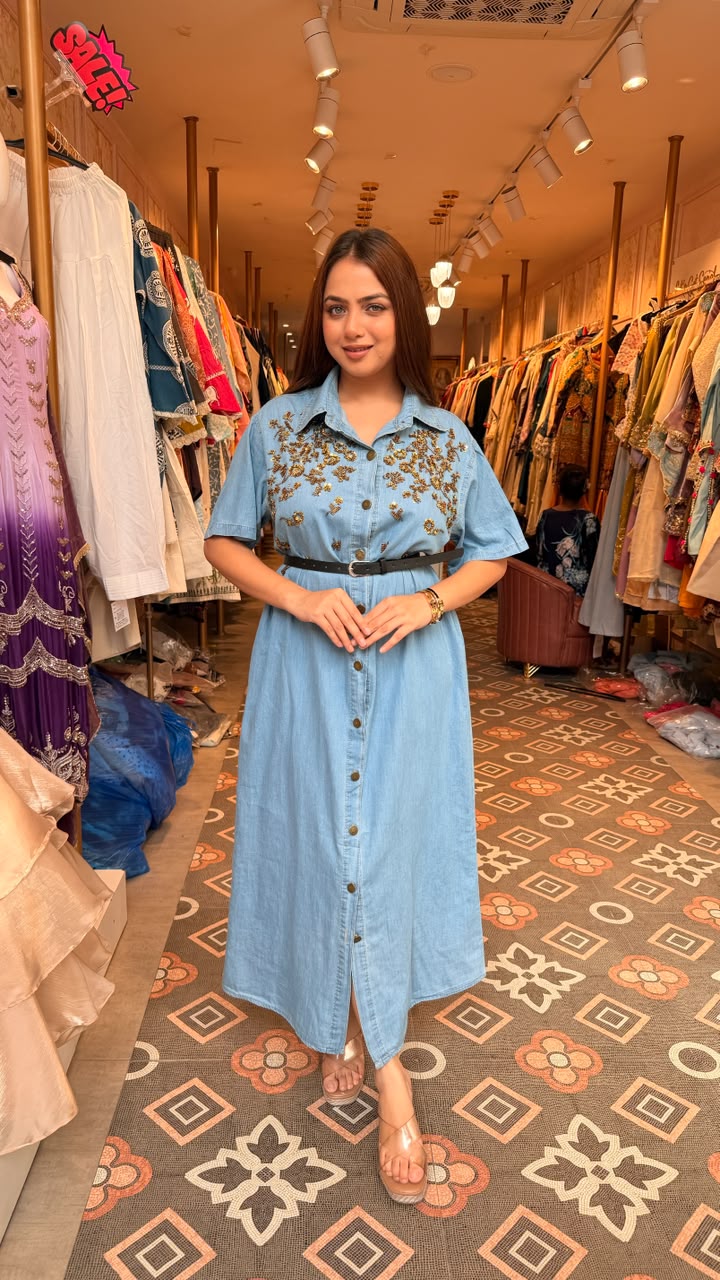 Denim Embellished Shirt Dress