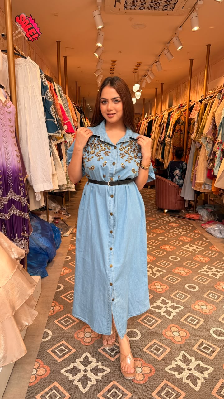 Denim Embellished Shirt Dress