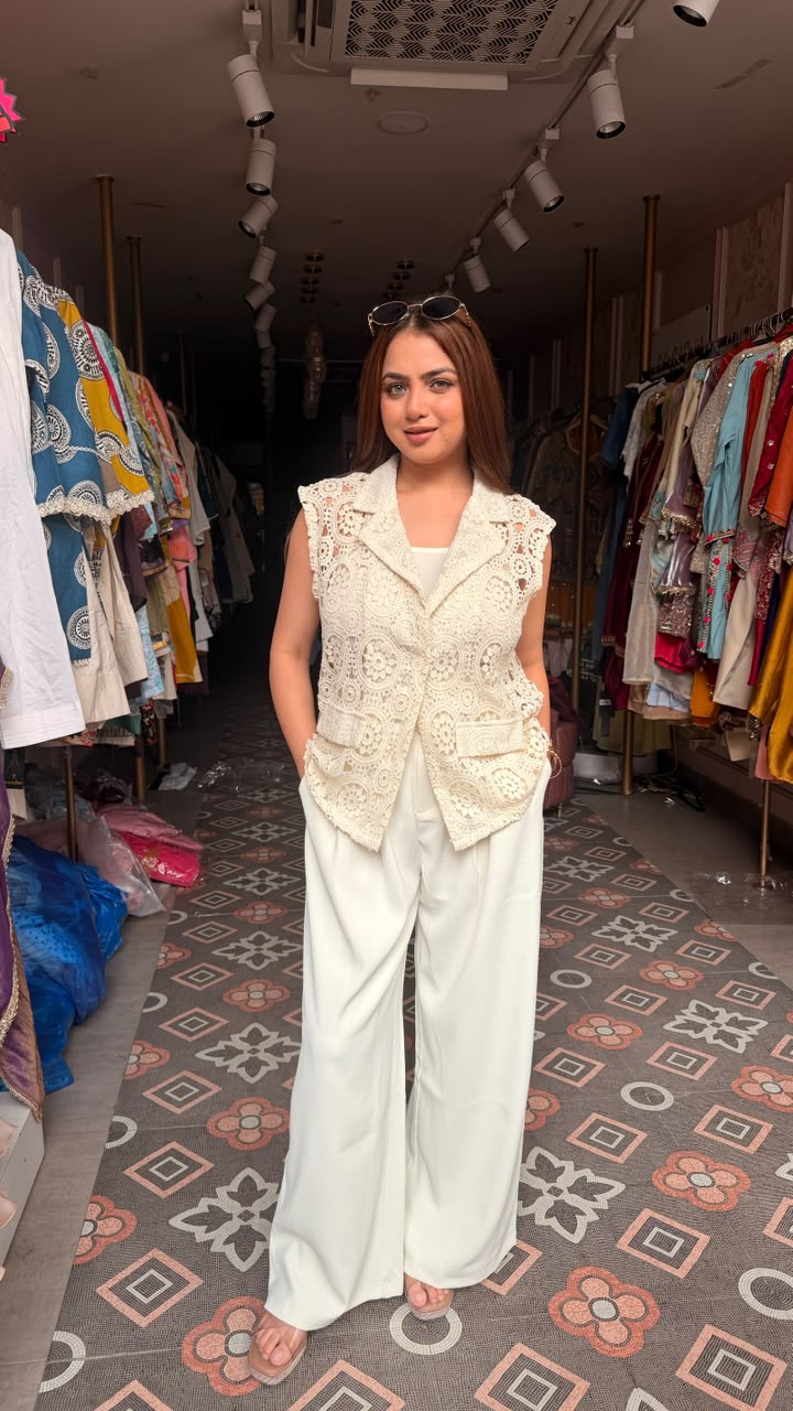 Tailored Crochet Lace Vest with Wide-Leg Pants
