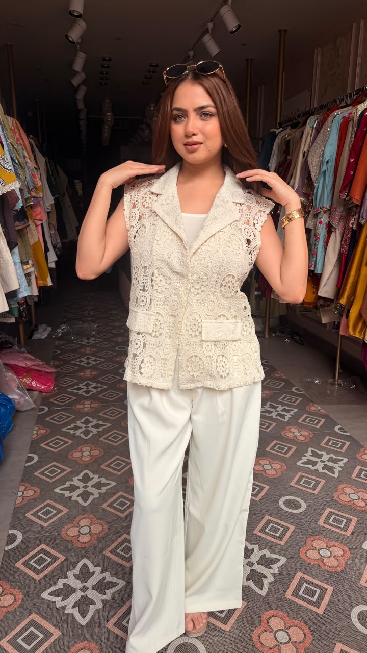 Tailored Crochet Lace Vest with Wide-Leg Pants