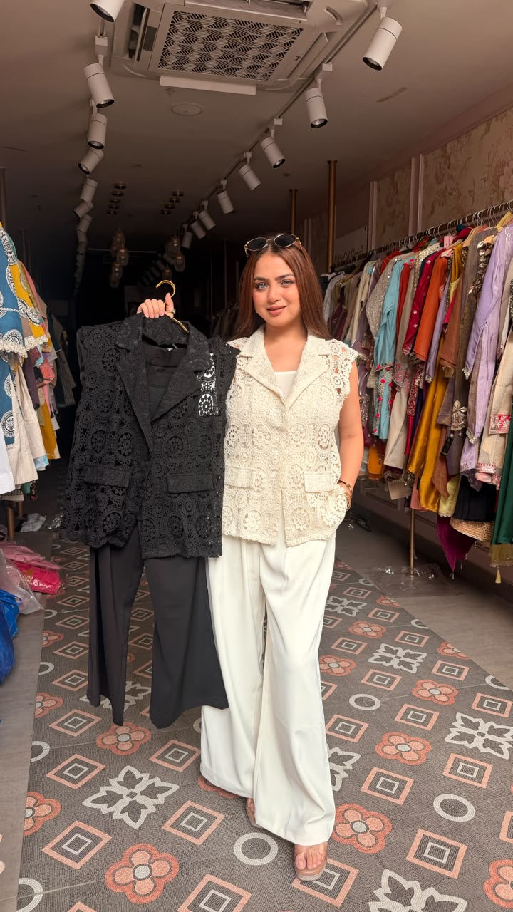 Tailored Crochet Lace Vest with Wide-Leg Pants
