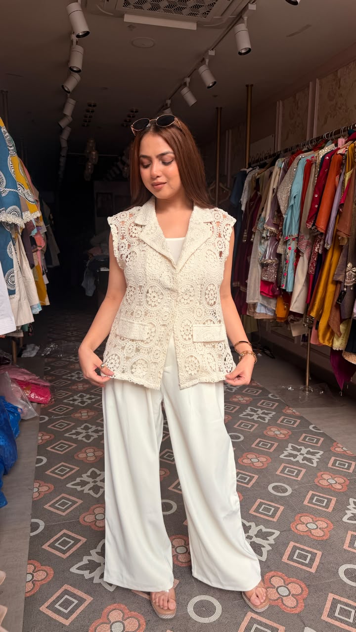 Tailored Crochet Lace Vest with Wide-Leg Pants